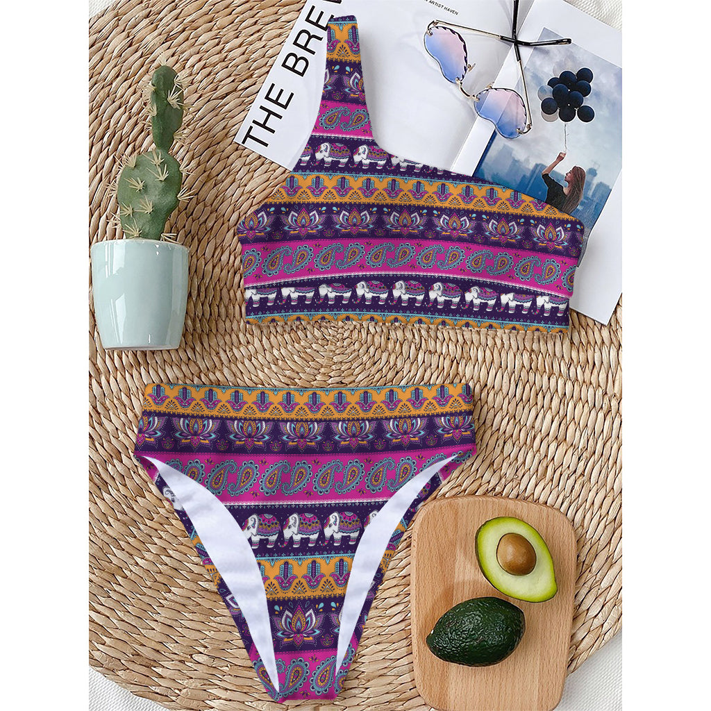 Paisley Elephant Hamsa Pattern Print One Shoulder Bikini Top