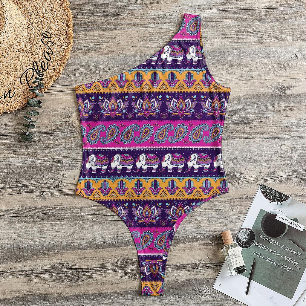 Paisley Elephant Hamsa Pattern Print One Shoulder Bodysuit