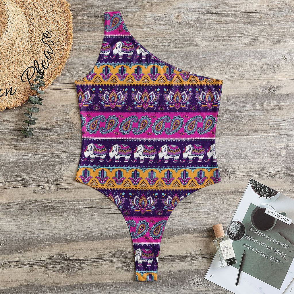 Paisley Elephant Hamsa Pattern Print One Shoulder Bodysuit