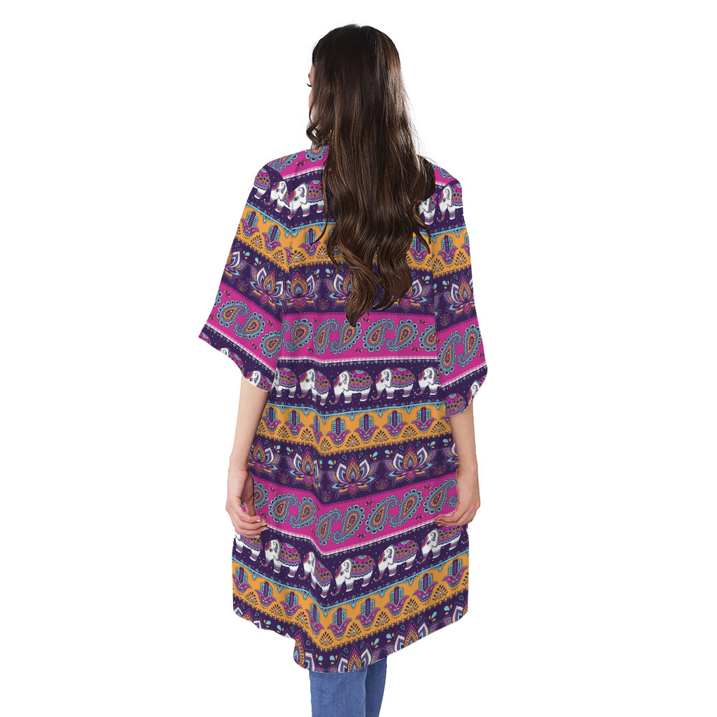 Paisley Elephant Hamsa Pattern Print Open Front Beach Cover Up