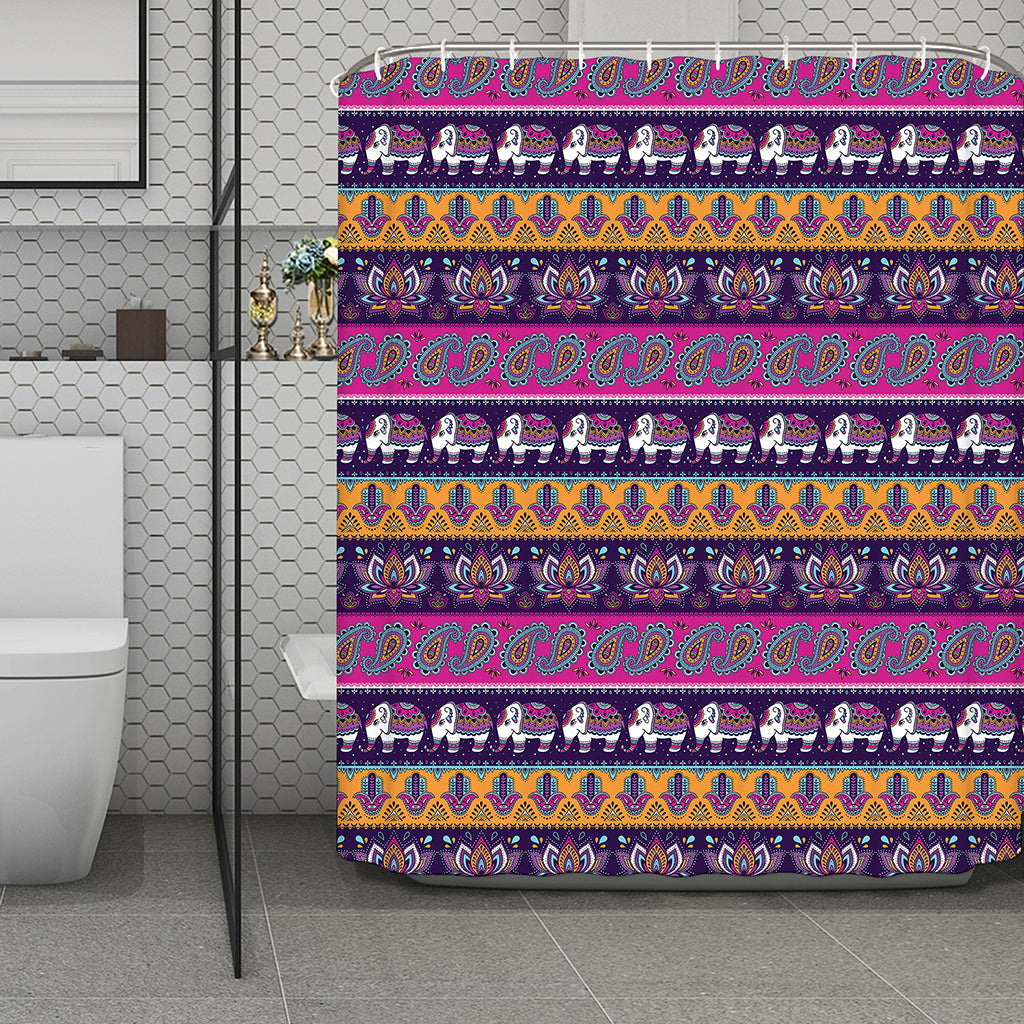 Paisley Elephant Hamsa Pattern Print Polyester Shower Curtain