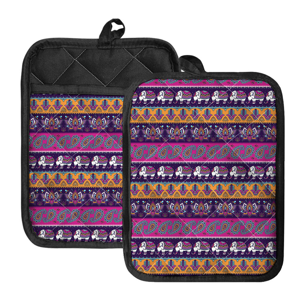 Paisley Elephant Hamsa Pattern Print Pot Holders With Pocket