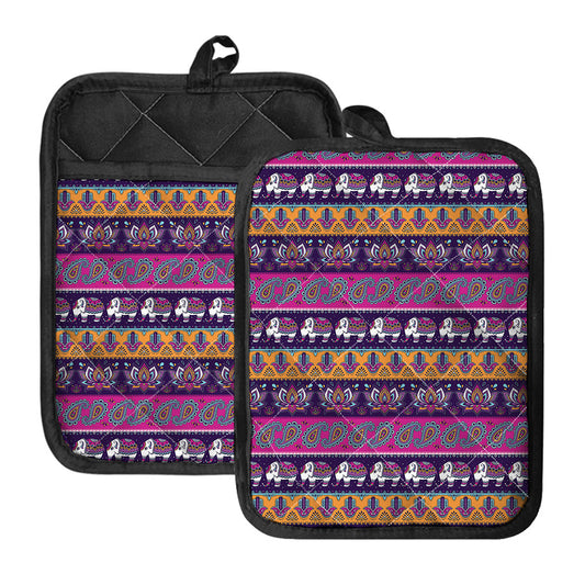 Paisley Elephant Hamsa Pattern Print Pot Holders With Pocket