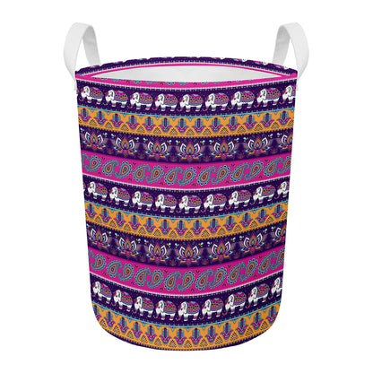 Paisley Elephant Hamsa Pattern Print Round Laundry Basket