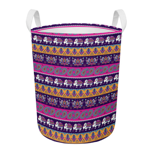 Paisley Elephant Hamsa Pattern Print Round Laundry Basket