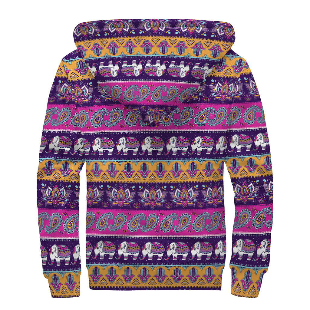 Paisley Elephant Hamsa Pattern Print Sherpa Lined Zip Up Hoodie
