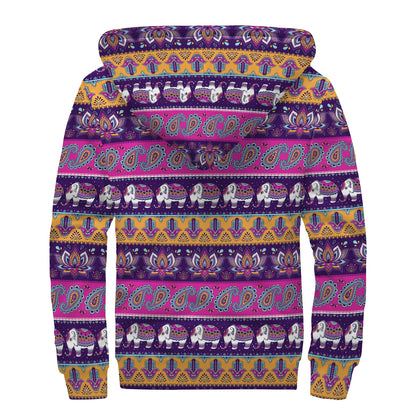 Paisley Elephant Hamsa Pattern Print Sherpa Lined Zip Up Hoodie