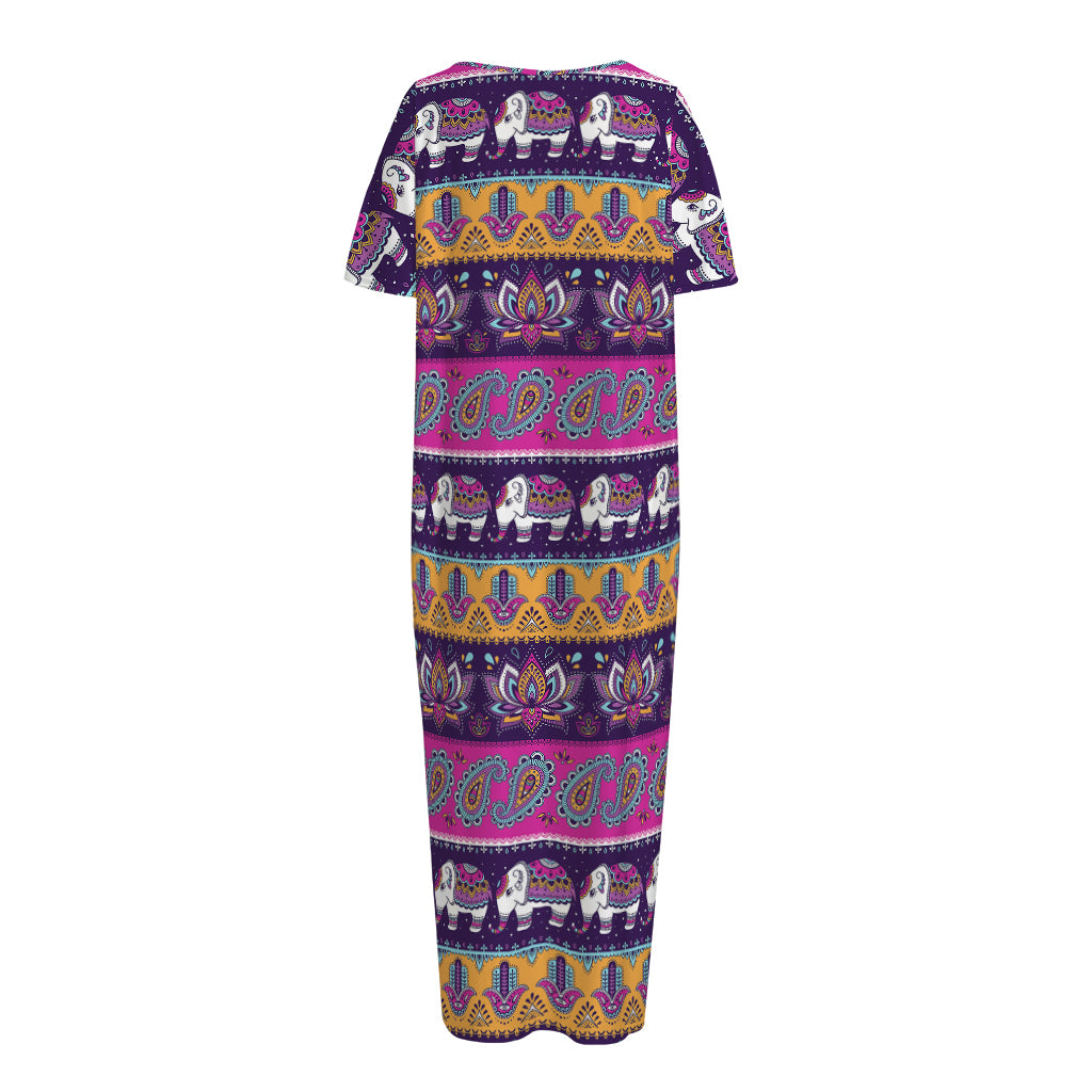 Paisley Elephant Hamsa Pattern Print Short Sleeve Long Nightdress