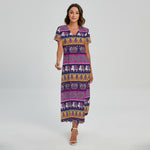 Paisley Elephant Hamsa Pattern Print Short Sleeve Maxi Dress