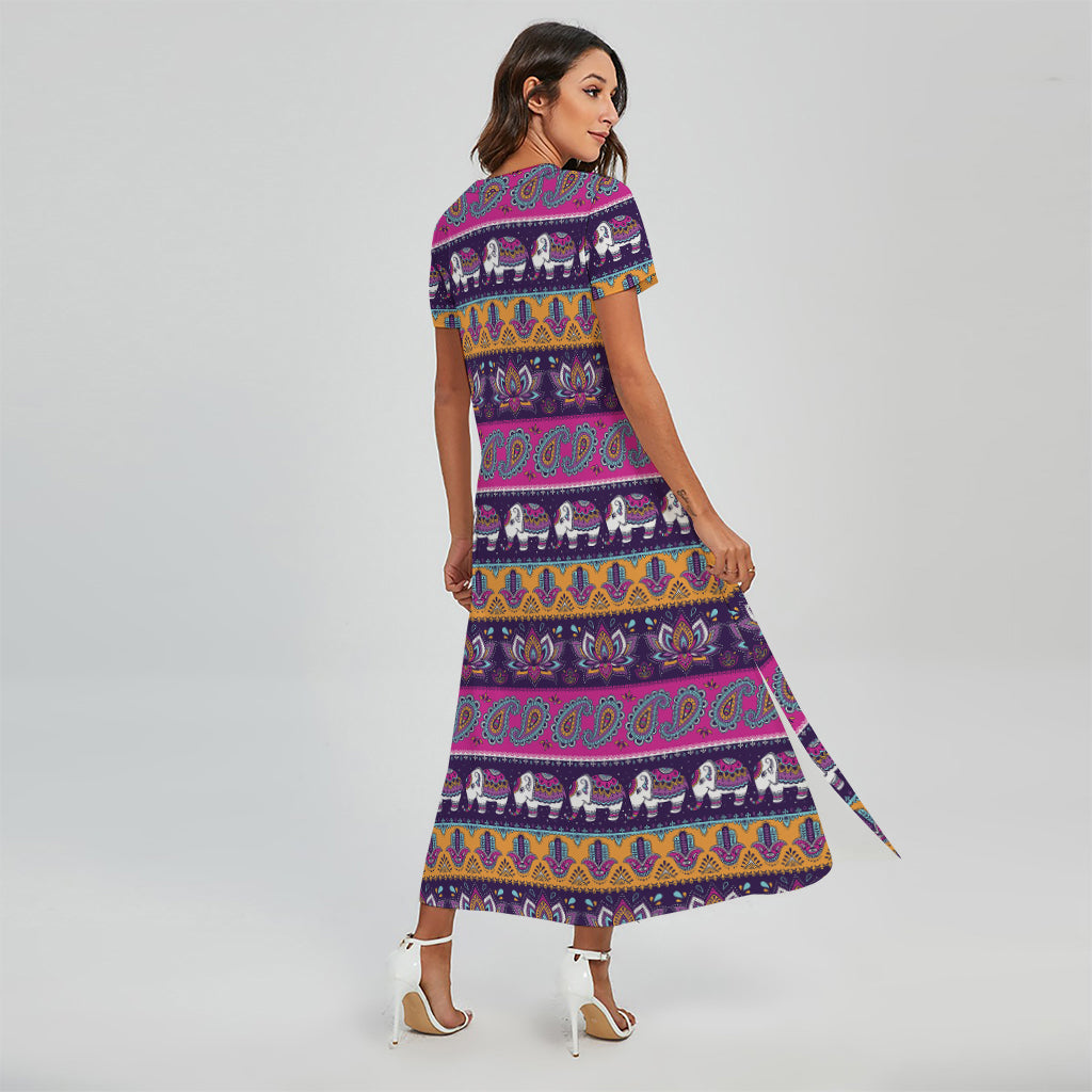Paisley Elephant Hamsa Pattern Print Short Sleeve Maxi Dress