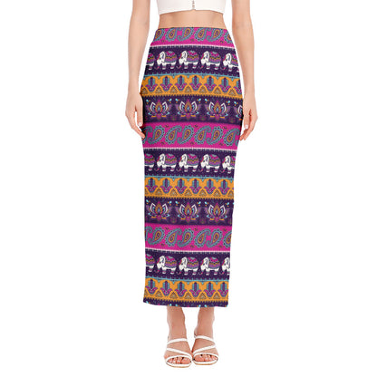 Paisley Elephant Hamsa Pattern Print Side Slit Maxi Skirt