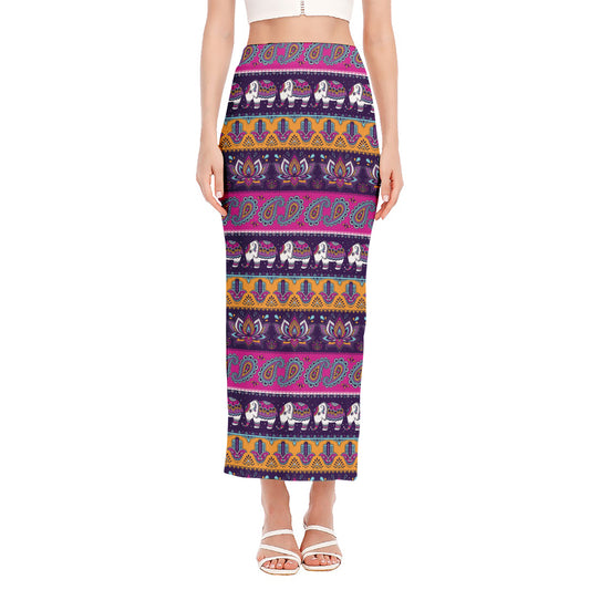 Paisley Elephant Hamsa Pattern Print Side Slit Maxi Skirt
