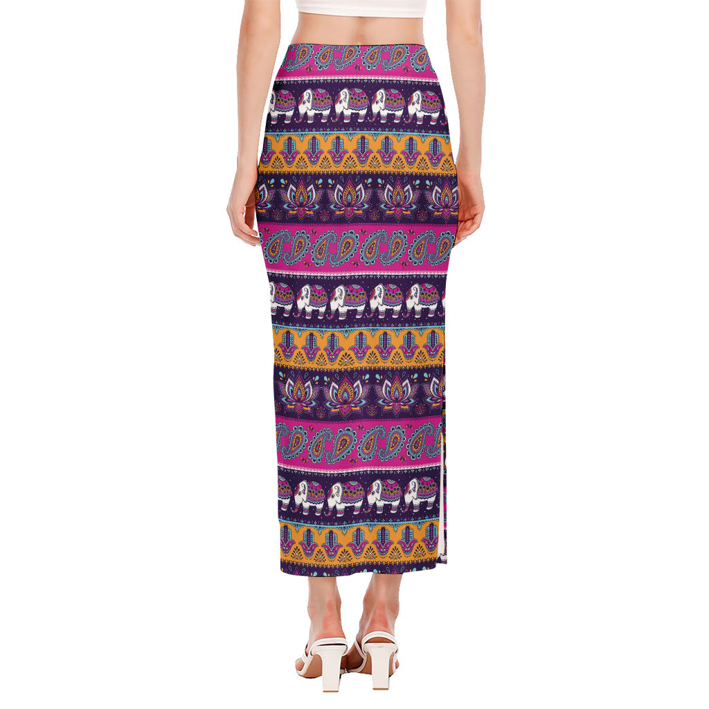 Paisley Elephant Hamsa Pattern Print Side Slit Maxi Skirt