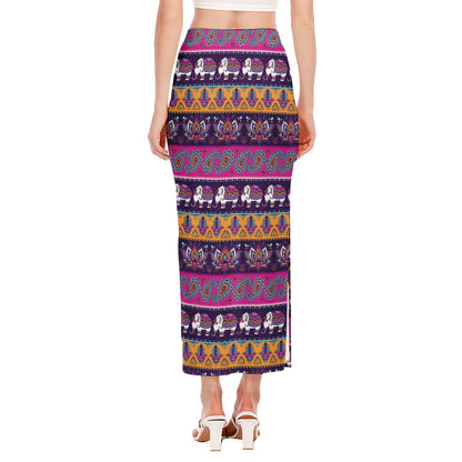 Paisley Elephant Hamsa Pattern Print Side Slit Maxi Skirt