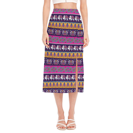 Paisley Elephant Hamsa Pattern Print Side Slit Midi Skirt