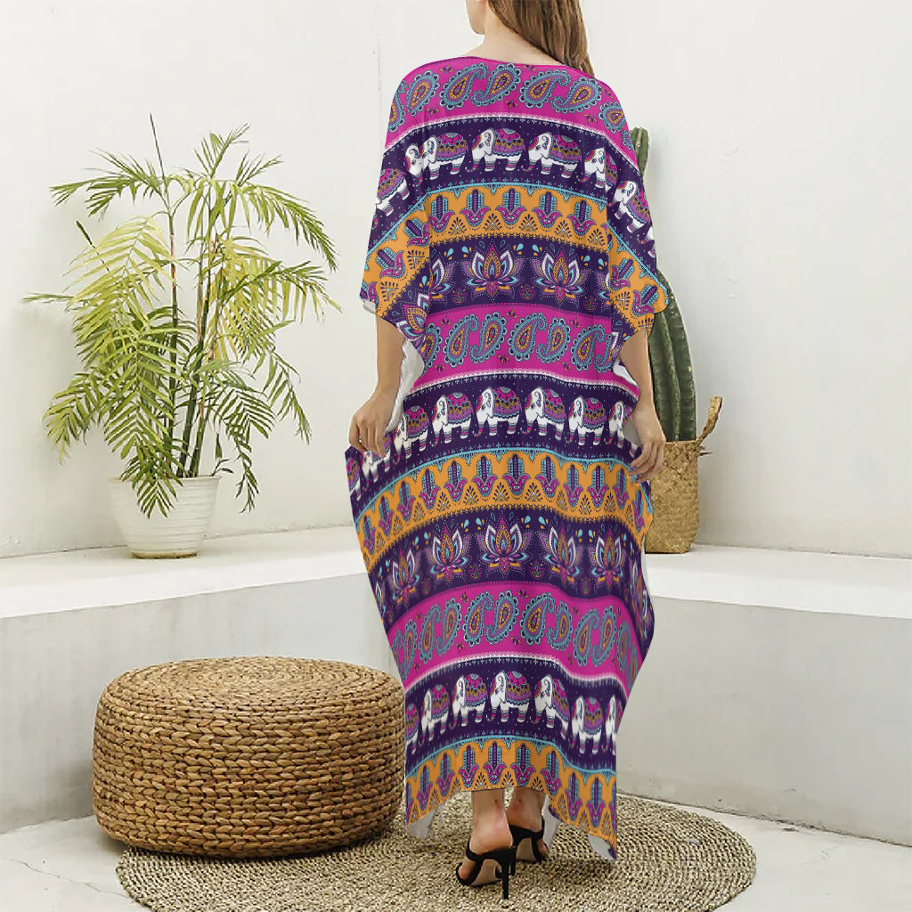 Paisley Elephant Hamsa Pattern Print Silk V-Neck Kaftan Dress