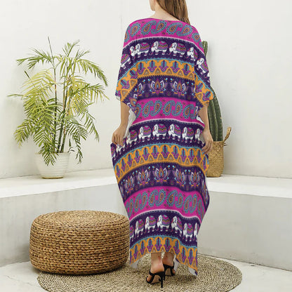 Paisley Elephant Hamsa Pattern Print Silk V-Neck Kaftan Dress