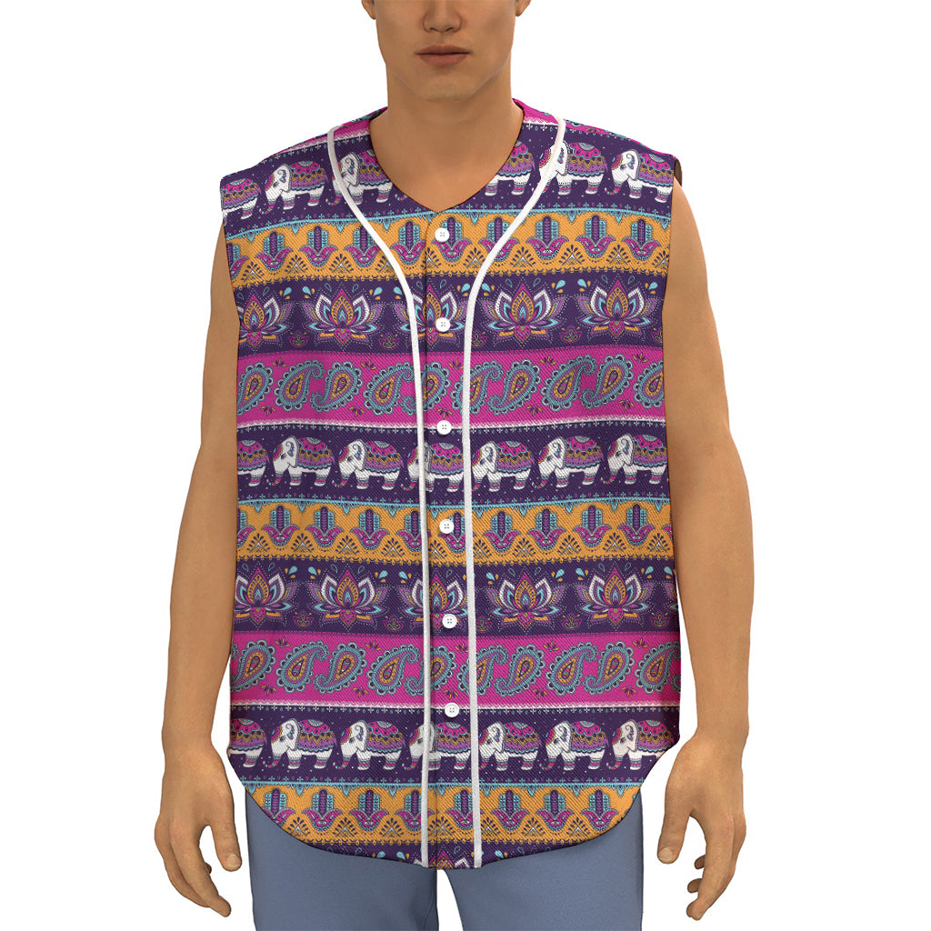 Paisley Elephant Hamsa Pattern Print Sleeveless Baseball Jersey