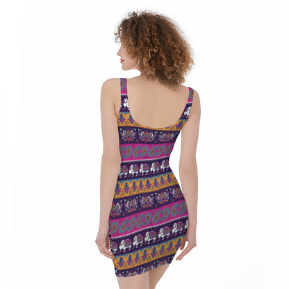 Paisley Elephant Hamsa Pattern Print Sleeveless Bodycon Dress