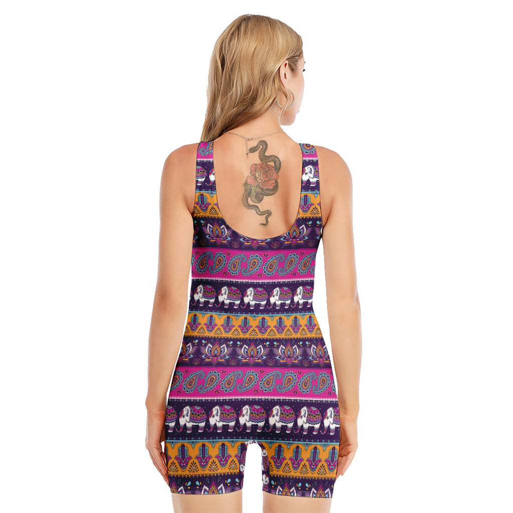 Paisley Elephant Hamsa Pattern Print Sleeveless One Piece Swimsuit
