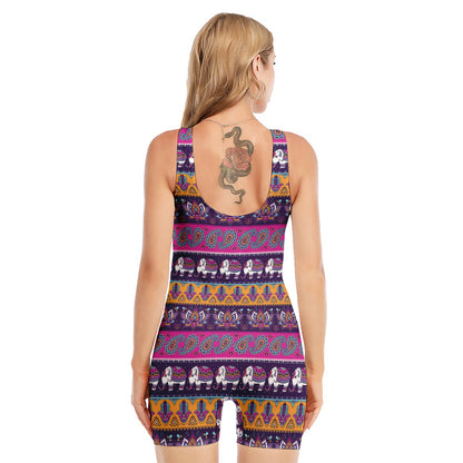 Paisley Elephant Hamsa Pattern Print Sleeveless One Piece Swimsuit