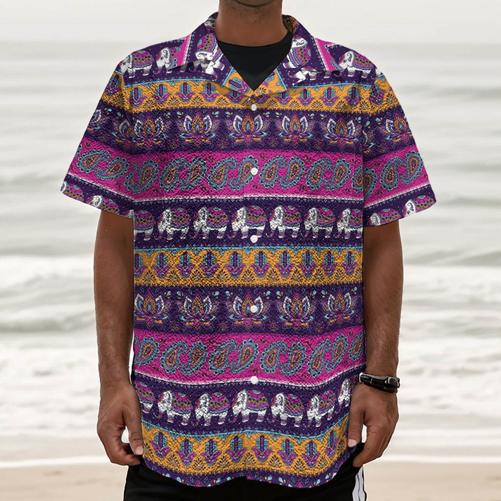 Paisley Elephant Hamsa Pattern Print Textured Short Sleeve Shirt