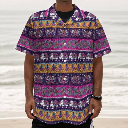 Paisley Elephant Hamsa Pattern Print Textured Short Sleeve Shirt