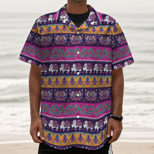 Paisley Elephant Hamsa Pattern Print Textured Short Sleeve Shirt