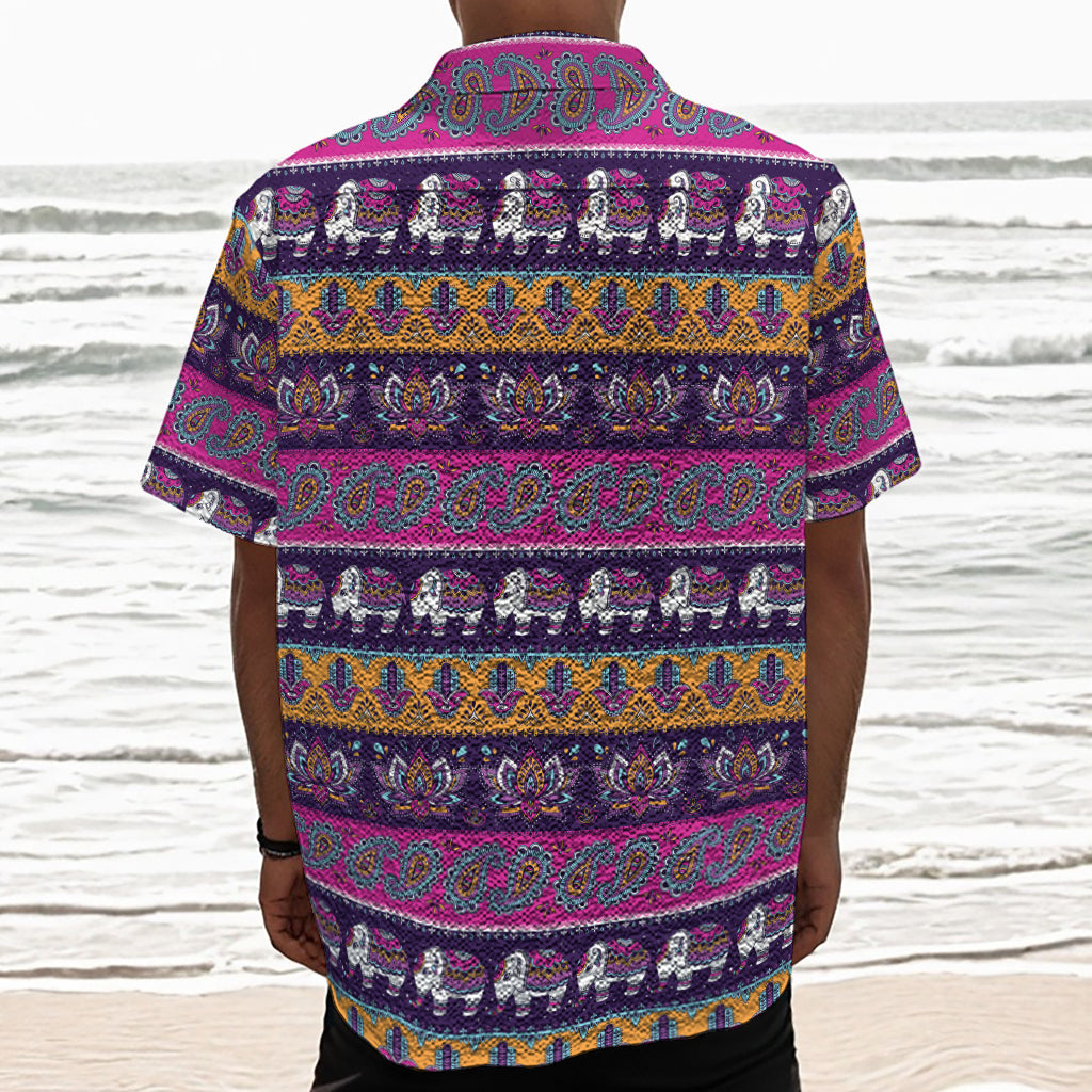 Paisley Elephant Hamsa Pattern Print Textured Short Sleeve Shirt