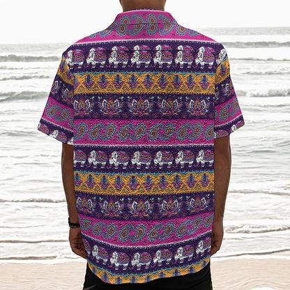 Paisley Elephant Hamsa Pattern Print Textured Short Sleeve Shirt