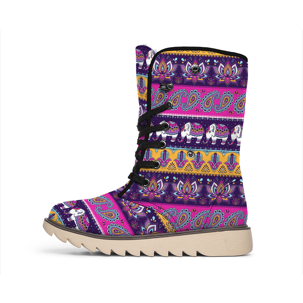 Paisley Elephant Hamsa Pattern Print Winter Boots