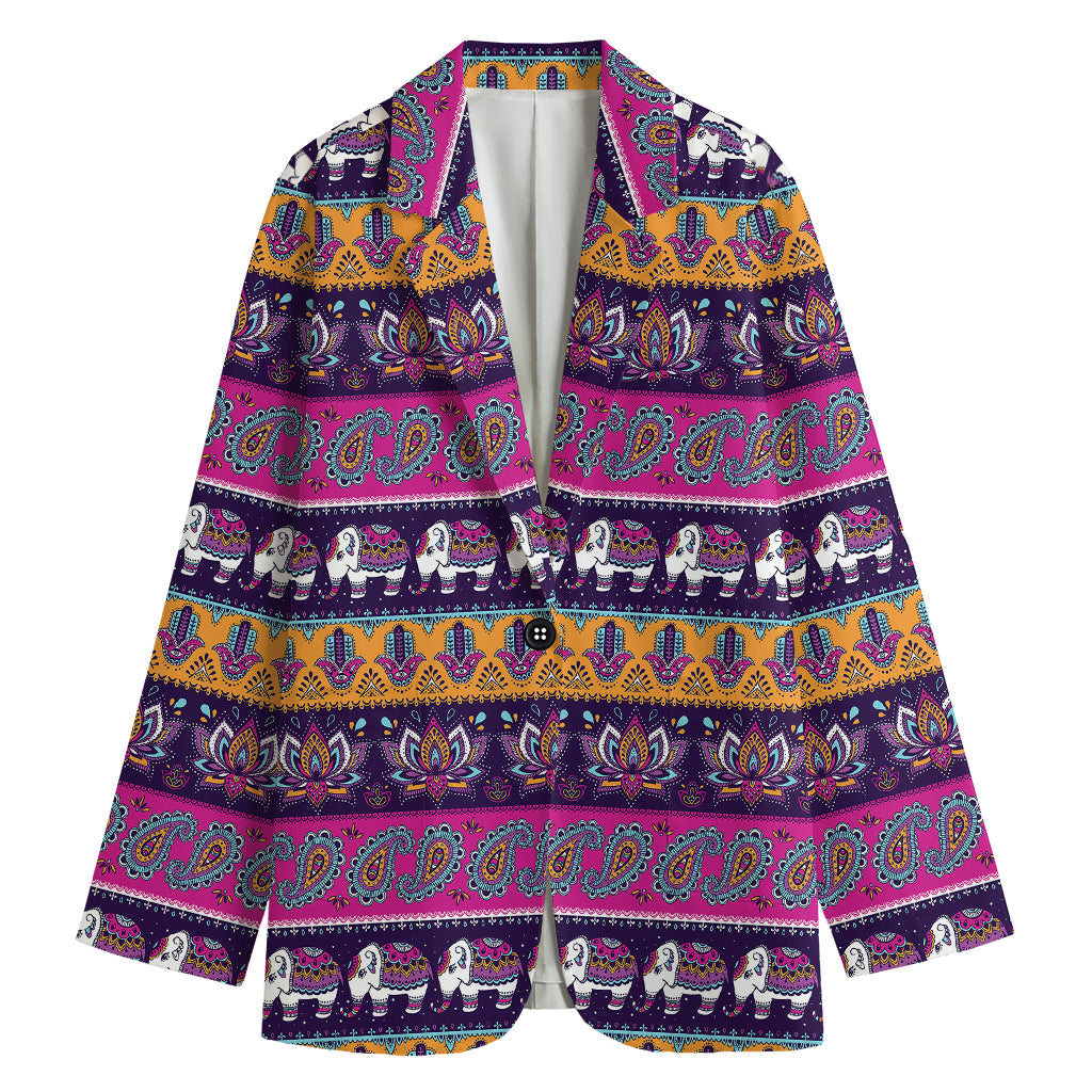 Paisley Elephant Hamsa Pattern Print Women's Blazer