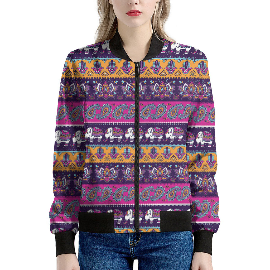 Paisley Elephant Hamsa Pattern Print Women's Bomber Jacket