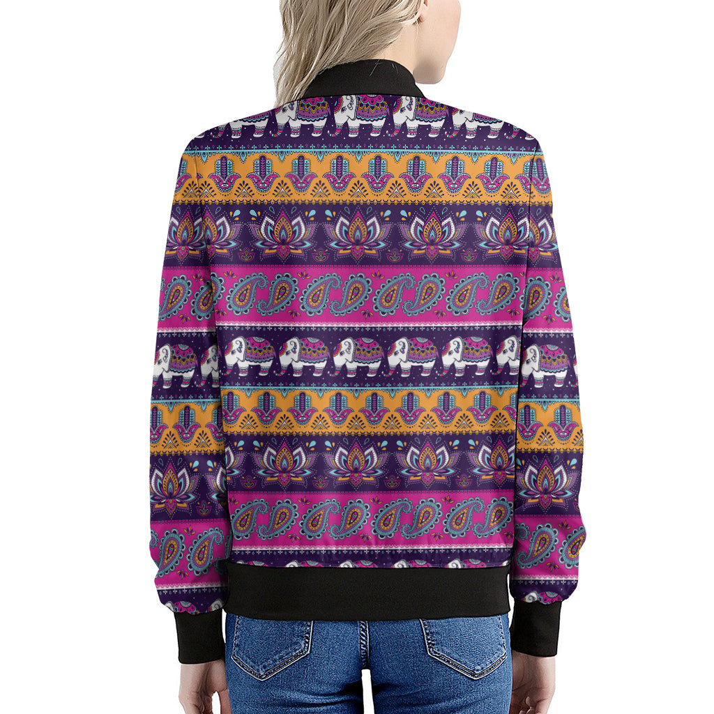 Paisley Elephant Hamsa Pattern Print Women's Bomber Jacket