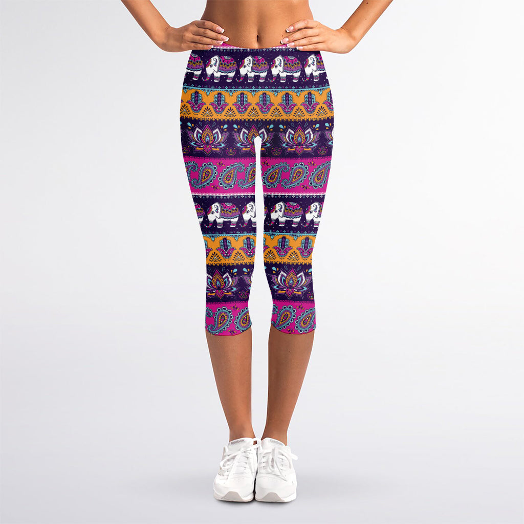 Paisley Elephant Hamsa Pattern Print Women's Capri Leggings