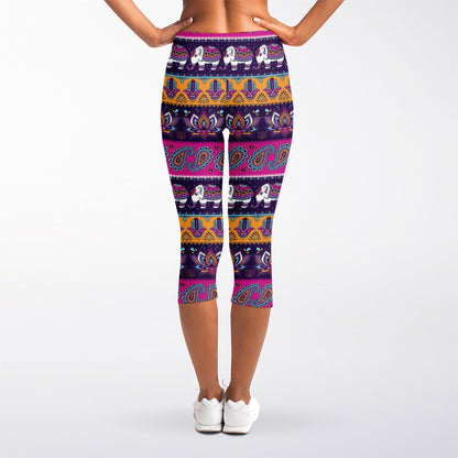 Paisley Elephant Hamsa Pattern Print Women's Capri Leggings
