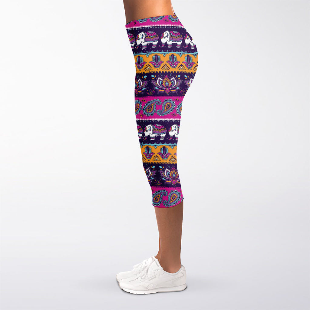 Paisley Elephant Hamsa Pattern Print Women's Capri Leggings
