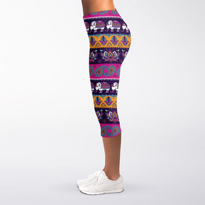 Paisley Elephant Hamsa Pattern Print Women's Capri Leggings