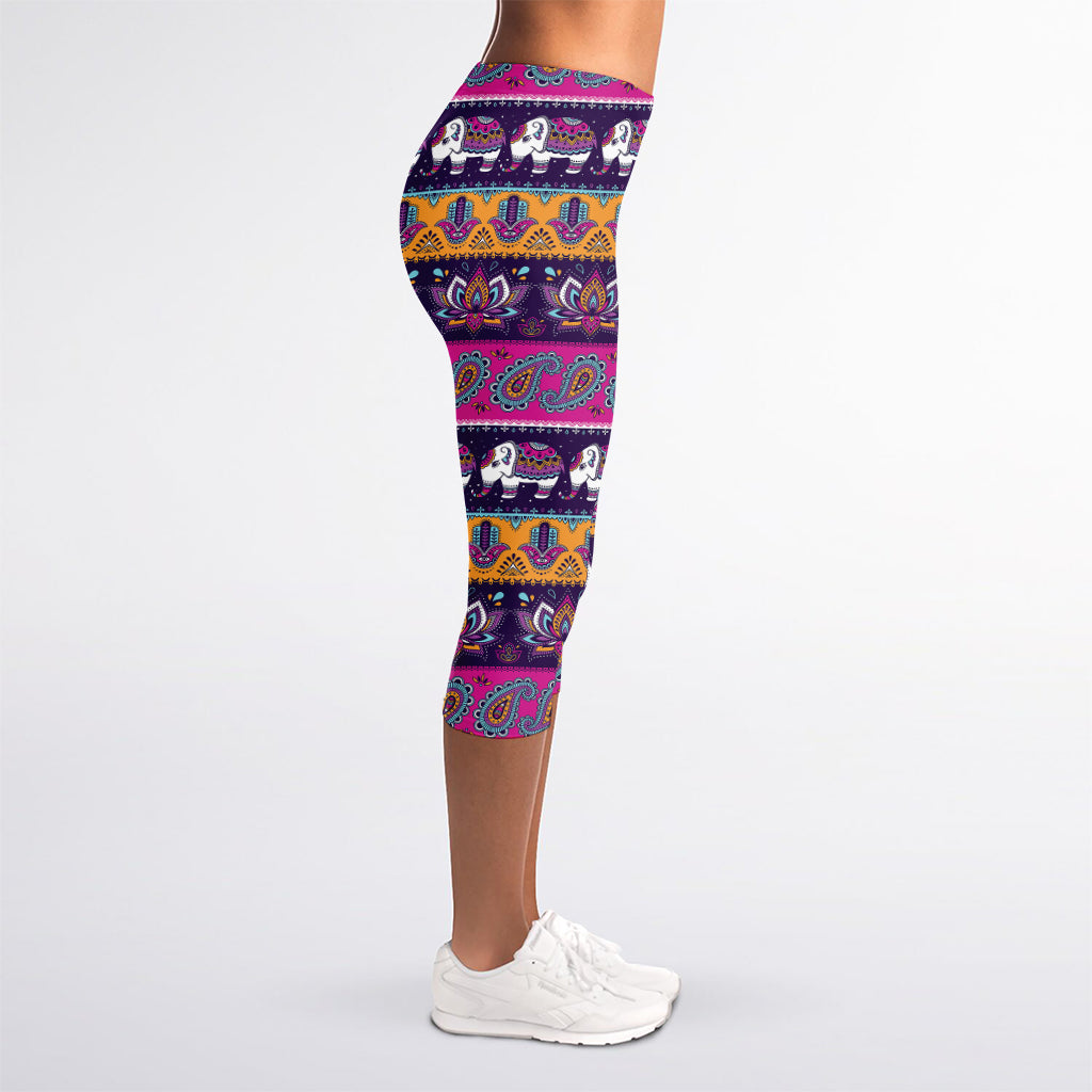 Paisley Elephant Hamsa Pattern Print Women's Capri Leggings
