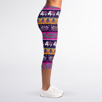 Paisley Elephant Hamsa Pattern Print Women's Capri Leggings
