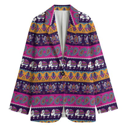 Paisley Elephant Hamsa Pattern Print Women's Cotton Blazer