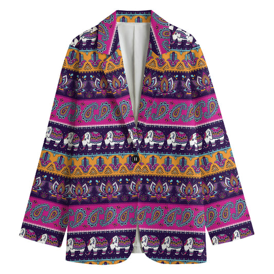 Paisley Elephant Hamsa Pattern Print Women's Cotton Blazer