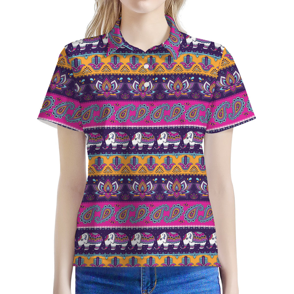 Paisley Elephant Hamsa Pattern Print Women's Polo Shirt