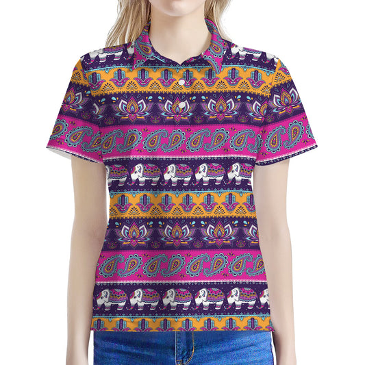 Paisley Elephant Hamsa Pattern Print Women's Polo Shirt