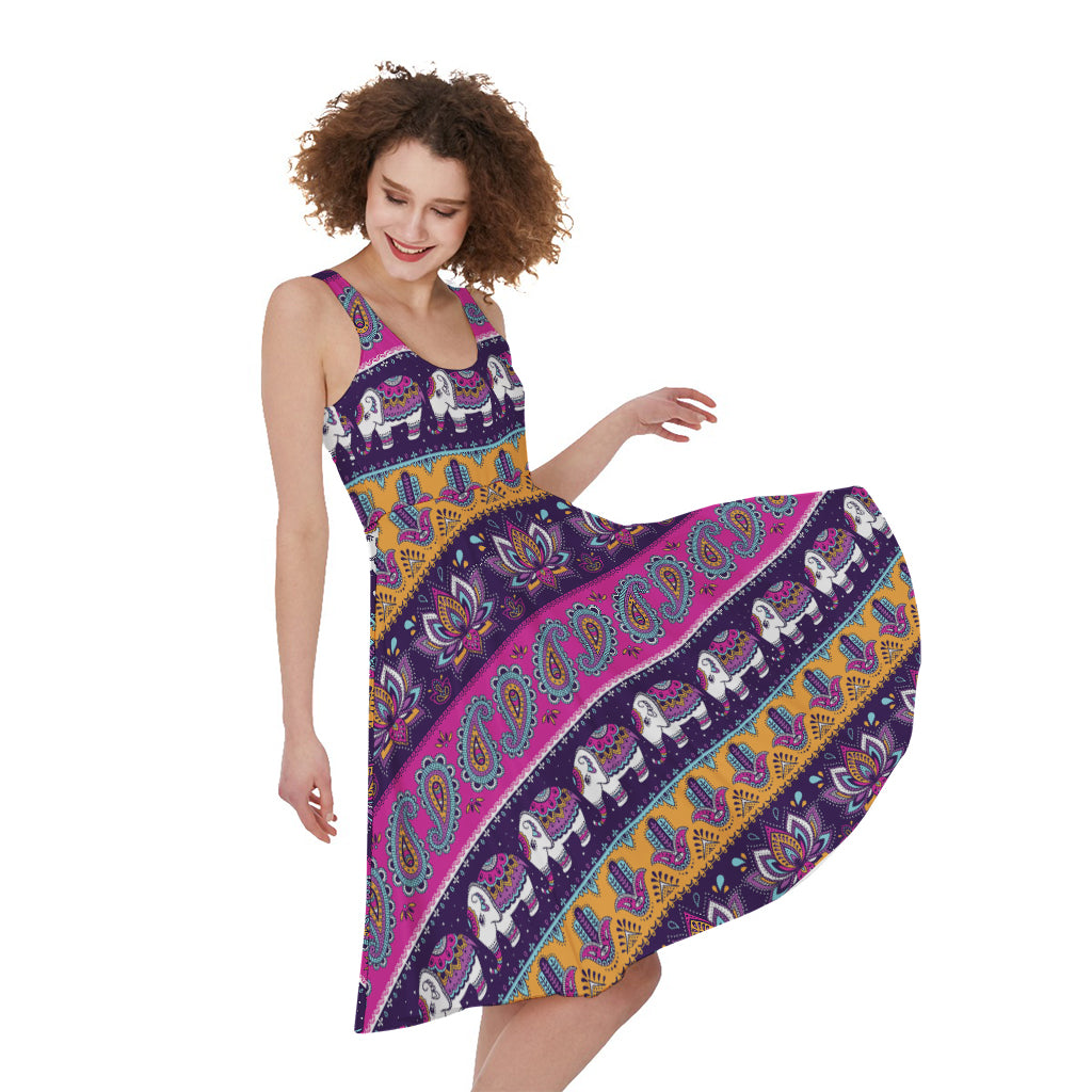 Paisley Elephant Hamsa Pattern Print Women's Sleeveless Dress
