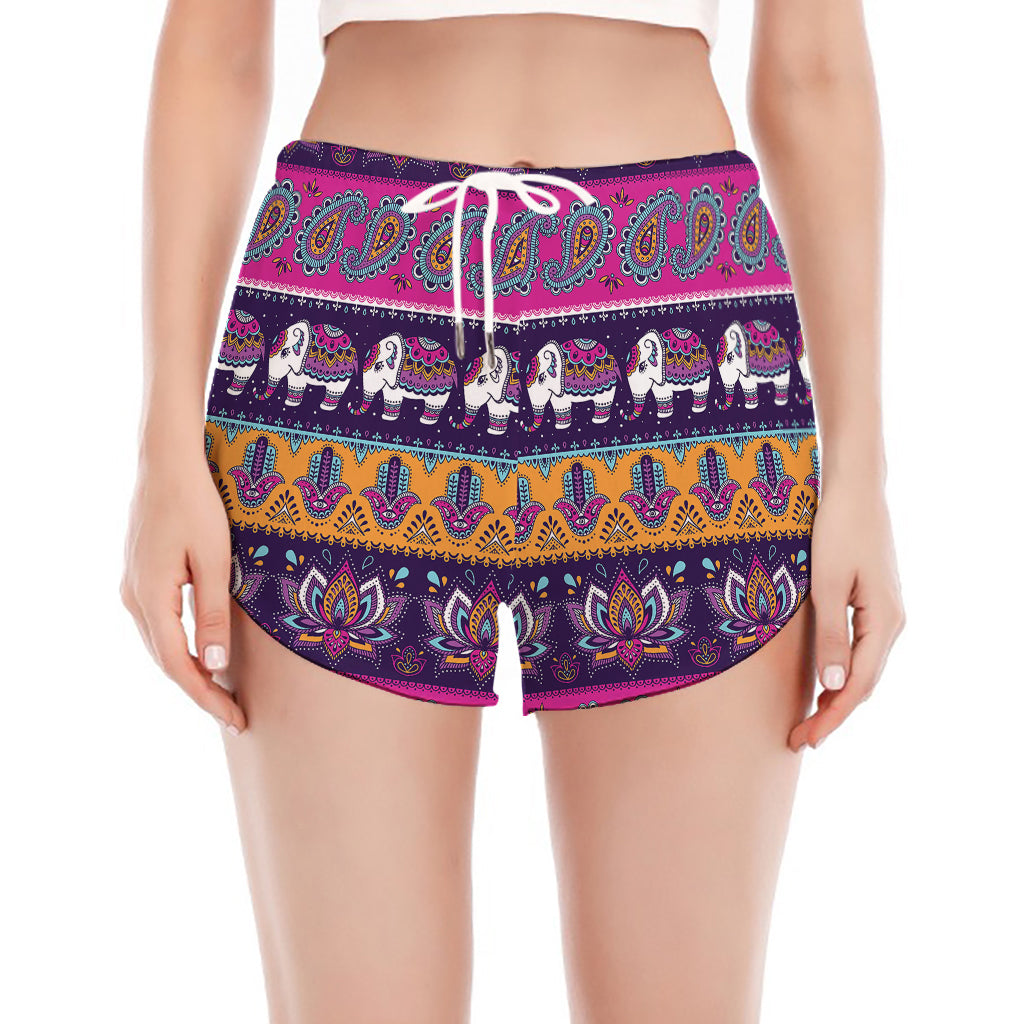 Paisley Elephant Hamsa Pattern Print Women's Split Running Shorts