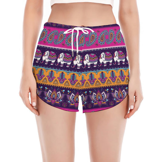 Paisley Elephant Hamsa Pattern Print Women's Split Running Shorts