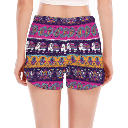 Paisley Elephant Hamsa Pattern Print Women's Split Running Shorts