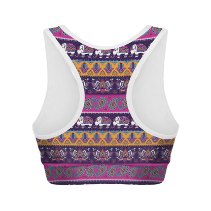 Paisley Elephant Hamsa Pattern Print Women's Sports Bra