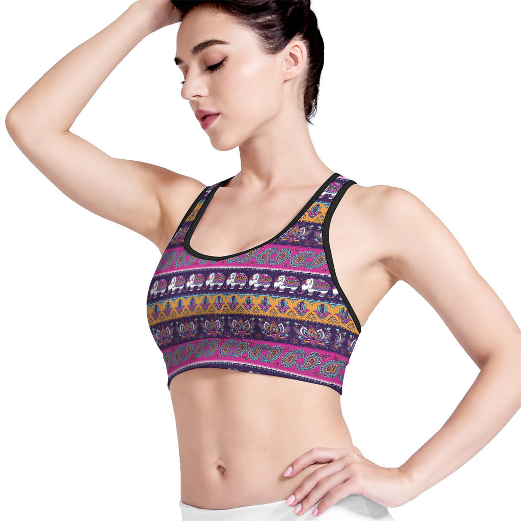 Paisley Elephant Hamsa Pattern Print Women's Sports Bra